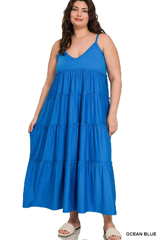 Women's Clothing Brands Blue V Neck Cami Maxi Tiered Dress