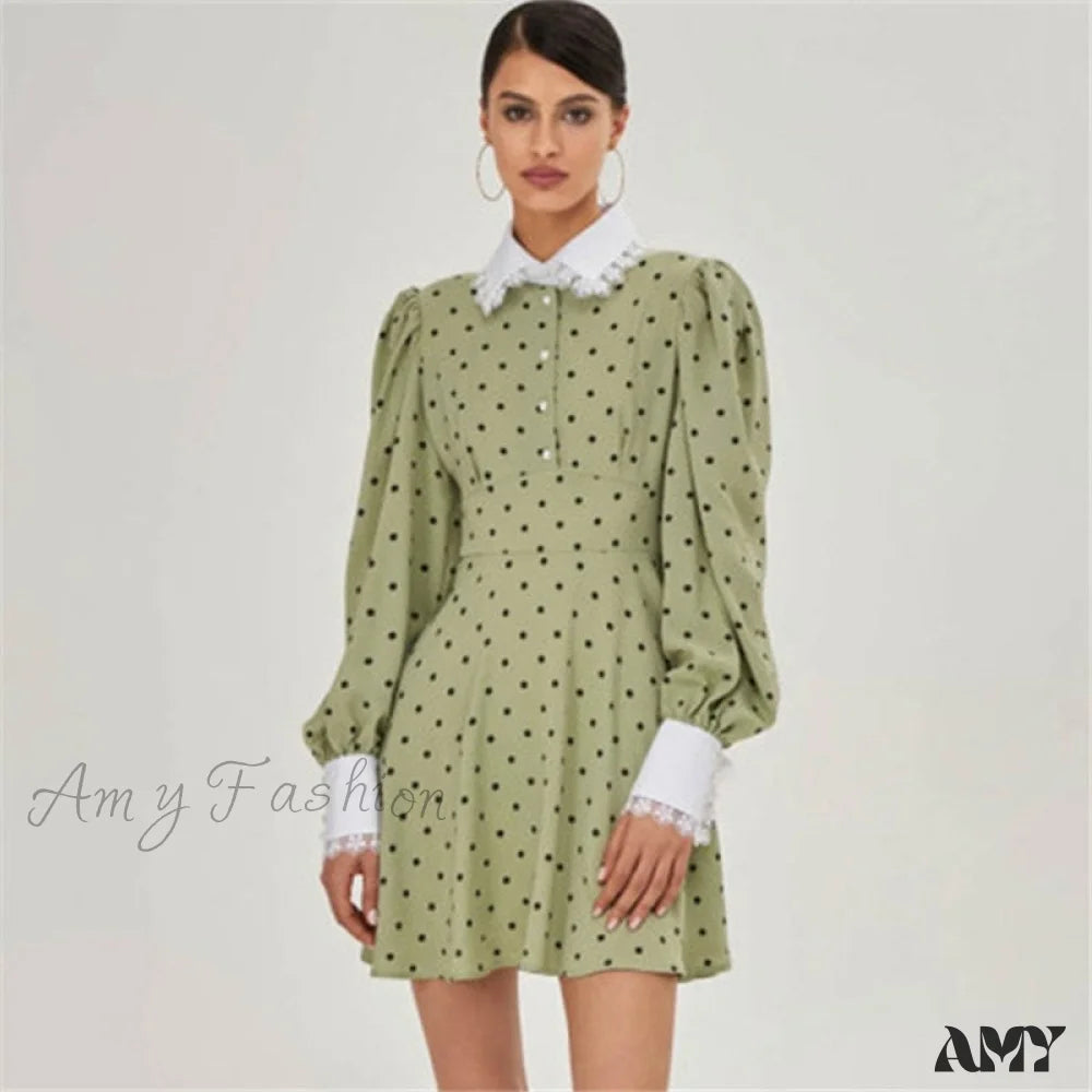 Sales Clothes Amy Fashion - Lantern Sleeve Polka Dot A-Line Dress