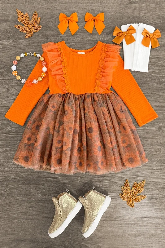 Discount Store Orange Autumn Sunflower Tulle Dress