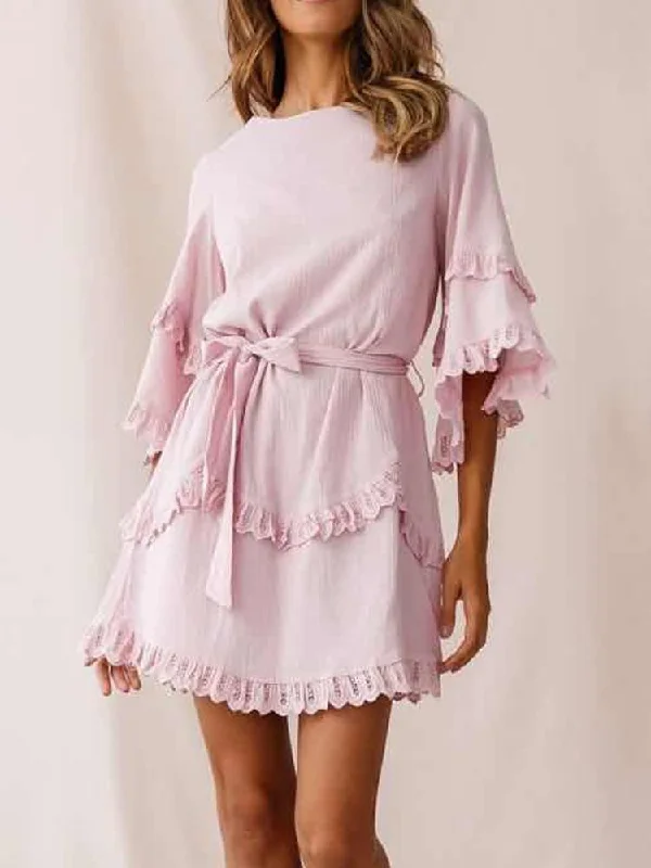 Women's Outerwear Clothing Ruffle Half sleeve Strappy Pink short Dress