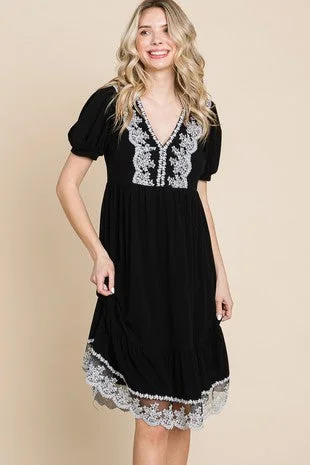 Women's Seasonal Garments Black Dress w White Lace Accents and Trim