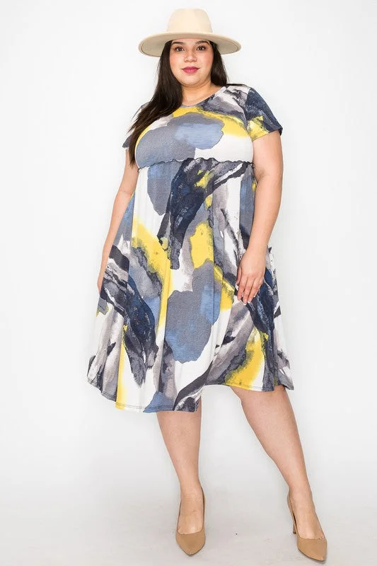 Casual Chic for Women Gray Blue Yellow Shirred Tie Dye Dress w Pockets