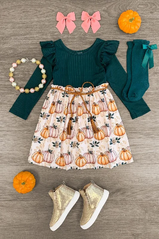 Timeless Women's Garments Green & Pink Pumpkins & Fall Leaves Dress