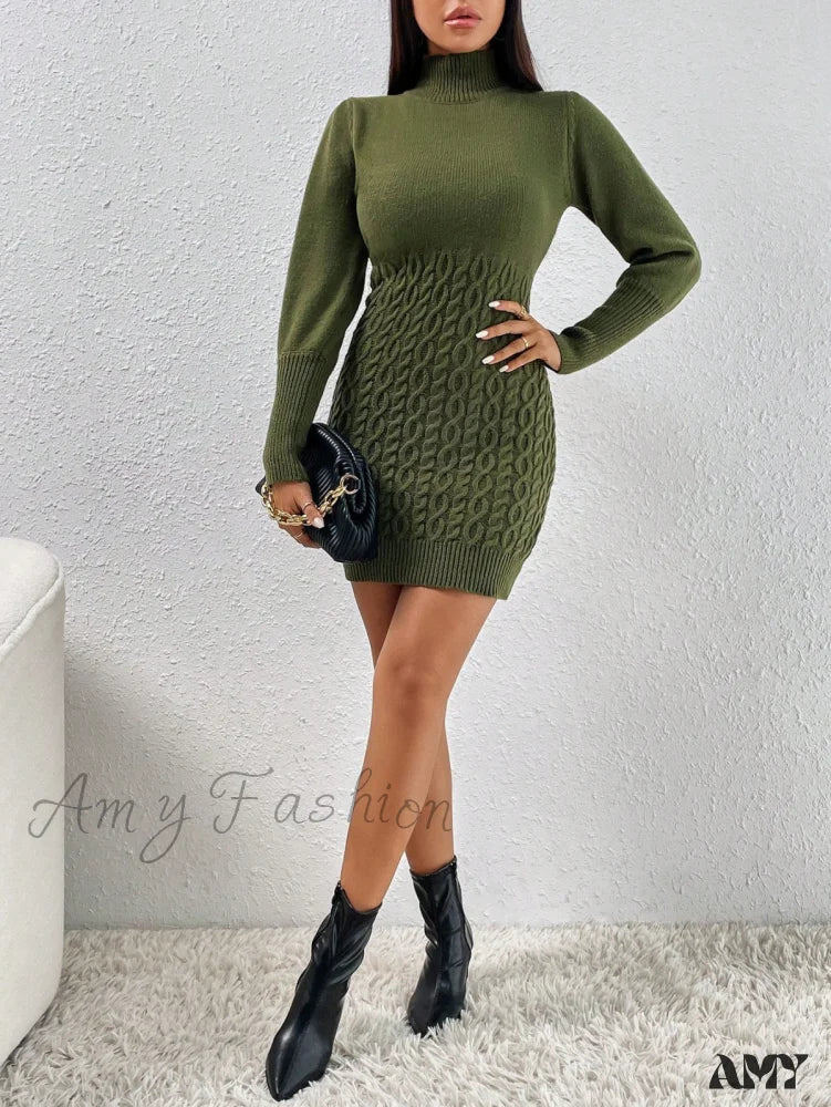 Trendy Women's Outfits for Casual Wear Amy Fashion - Solid Turtleneck Sweater Dress