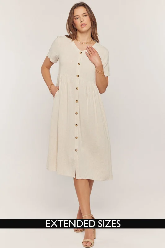 Stylish Women's Outfit The Sylvie Linen Button Down Dress in Oatmeal