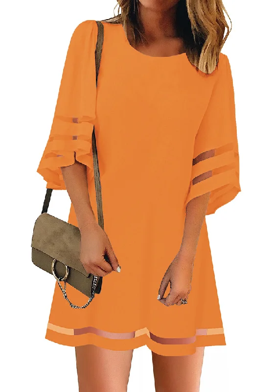 Women's Clothes For The Office Orange Women Casual Crewneck Mesh Panel 3/4 Bell Sleeve Loose Tunic Dress