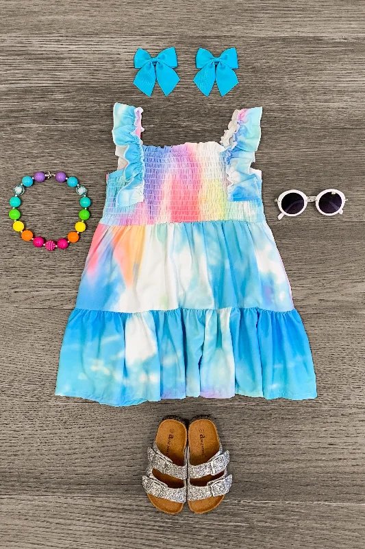 Outfits For Girls Blue & Rainbow Sky Ruffle Dress