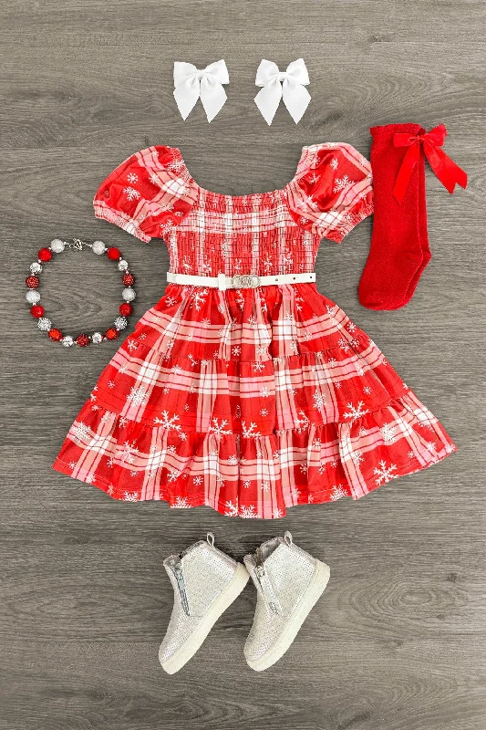 Women's Casual Clothing For Lounging Red Plaid Snowflake Dress