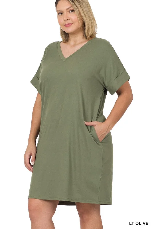 New Arrival Discounts Olive Green T Shirt V Neck Dress