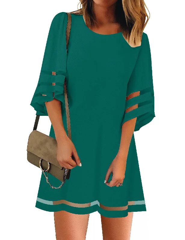 Women's Functional Outdoor Garments Evergreen Women Casual Crewneck Mesh Panel 3/4 Bell Sleeve Loose Tunic Dress