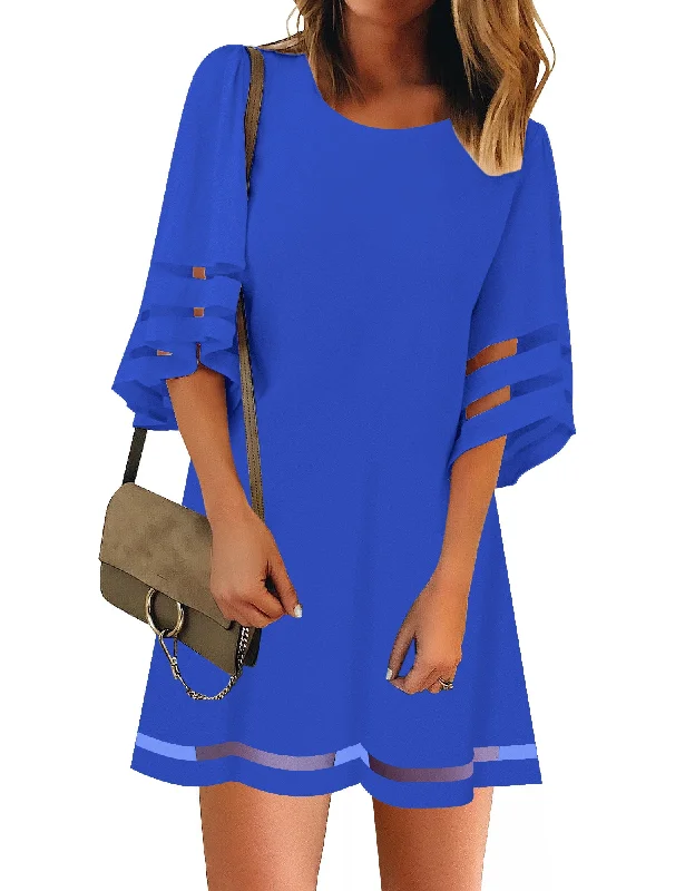 Women's Cozy Clothes Lapis Blue Women Casual Crewneck Mesh Panel 3/4 Bell Sleeve Loose Tunic Dress