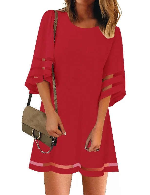 Fashionable Women's Clothes True Red Women Casual Crewneck Mesh Panel 3/4 Bell Sleeve Loose Tunic Dress