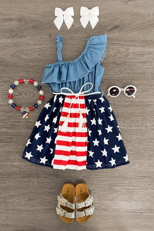 Stylish Outerwear Clothes For Women Chambray American Flag Dress