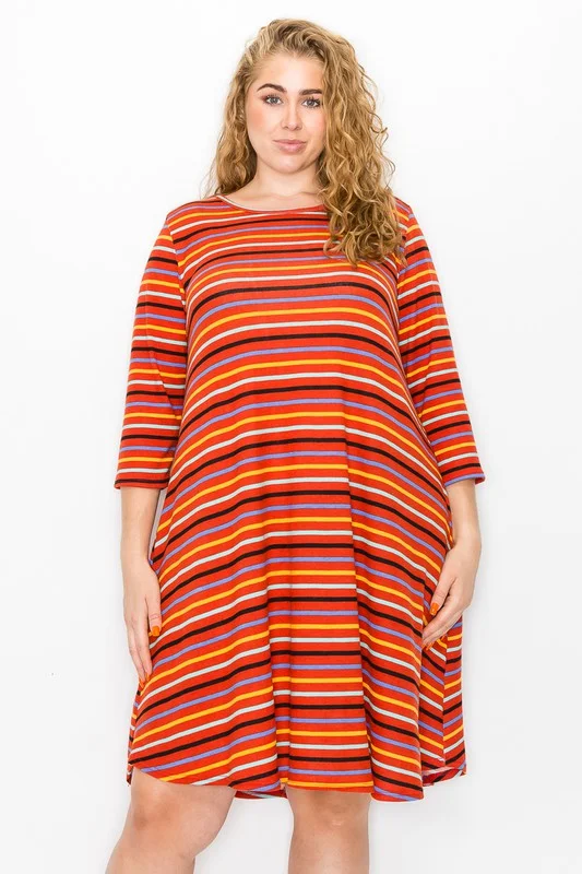 Women's Layered Outfit Red Multi Color Stripe Dress