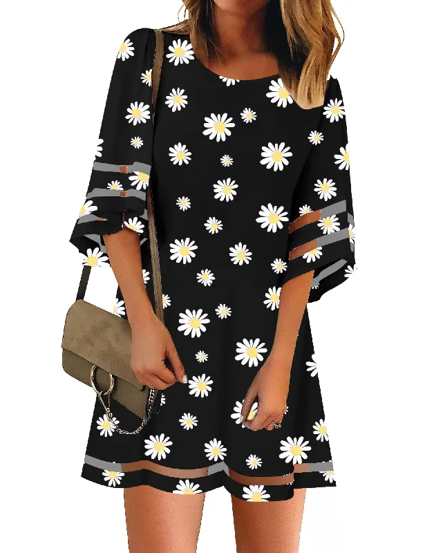 Plus-Size Women's Clothing Dasiy Print Black Women Casual Crewneck Mesh Panel 3/4 Bell Sleeve Loose Tunic Dress