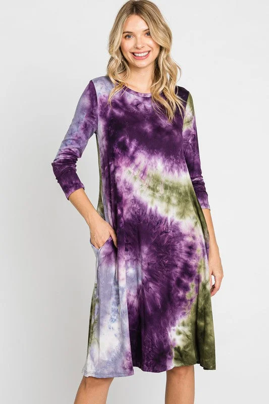 Women's Elegant Outfit Purple Green Tie Dye Print Dress w Pockets