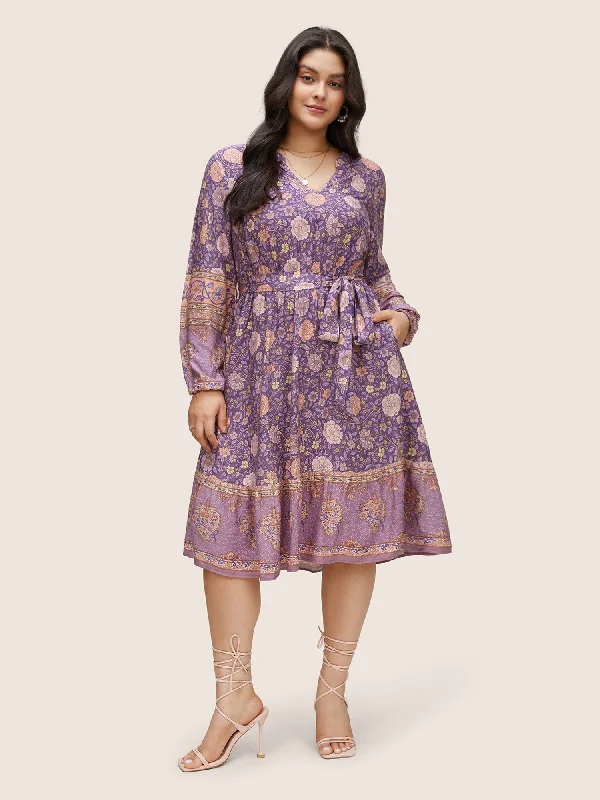 Women Apparel Boho Print Belted Notched Lantern Sleeve Dress