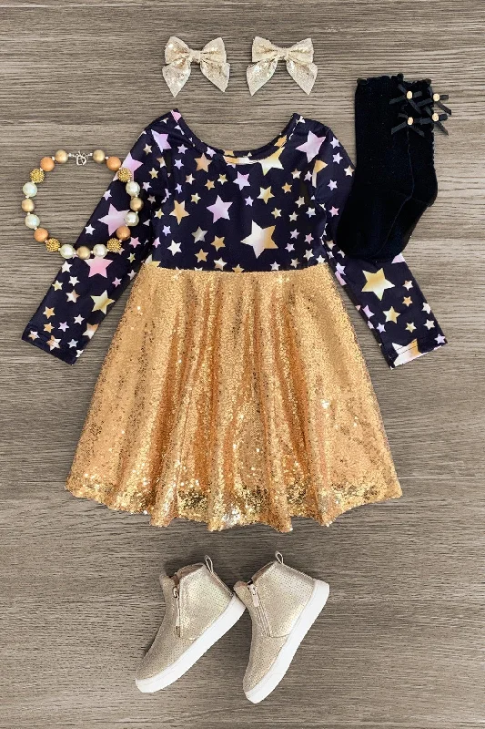 Women's Holiday Clothing Gold Sequin Star Dress