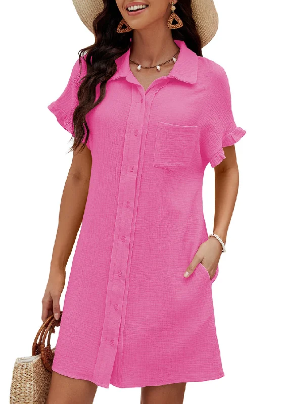 Women's Transitional Clothes Hot Pink Women's Beach Cover Up Dress Button Down Shirt Ruffle Sleeves Dresses Casual Summer With Pockets