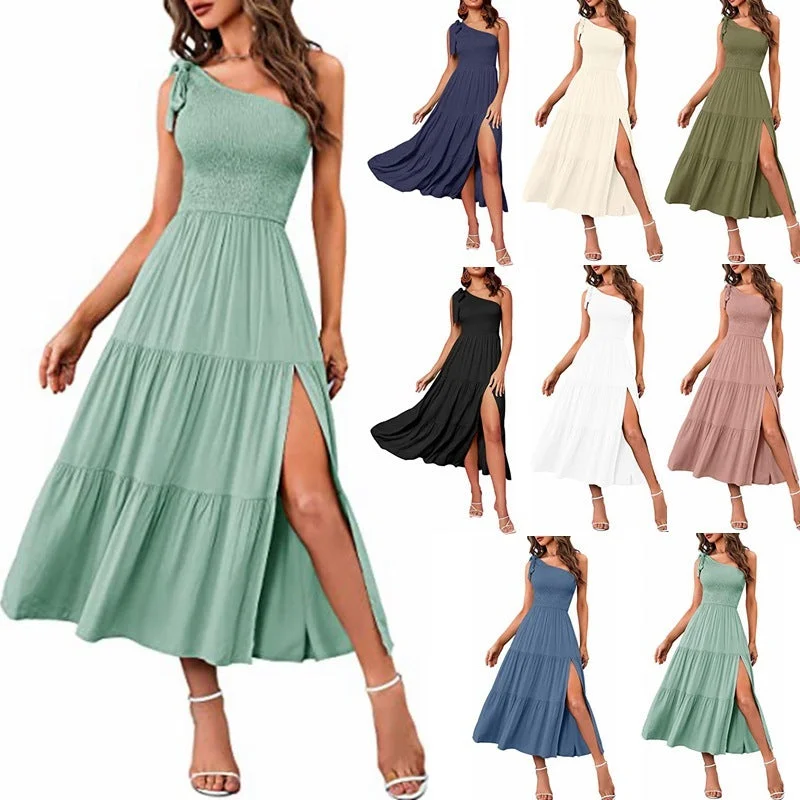 Women Clothes New Summer Fashion Women's One-shoulder Pleated Layered Hem Split Dress