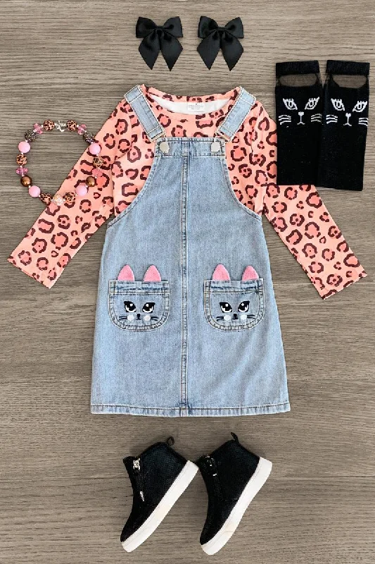 Casual Garments For Women Pink Cheetah Cat Denim Dress Set