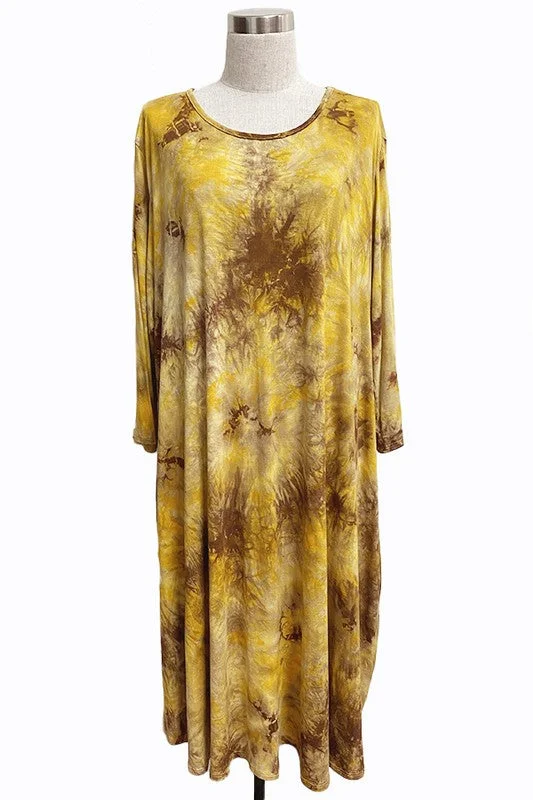 Women's Plus-Size Casual Outfit Golden Yellow Tie Dye Dress w 3Qtr Sleeves