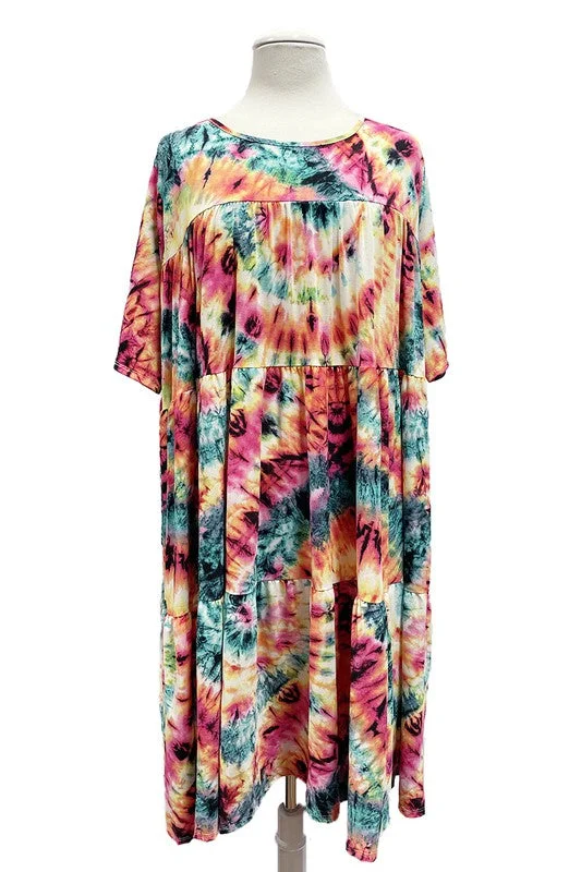 Chic Casual Wardrobe Essentials Tie Dye Print Tiered Ruffle Dress