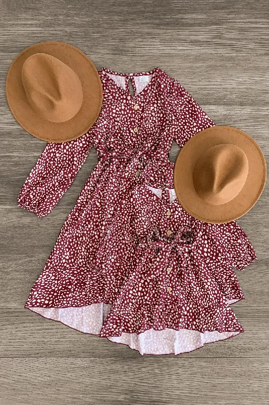 Women's Clothing Outfit Set Mom & Me - Burgundy Polka Dot Leopard Dress