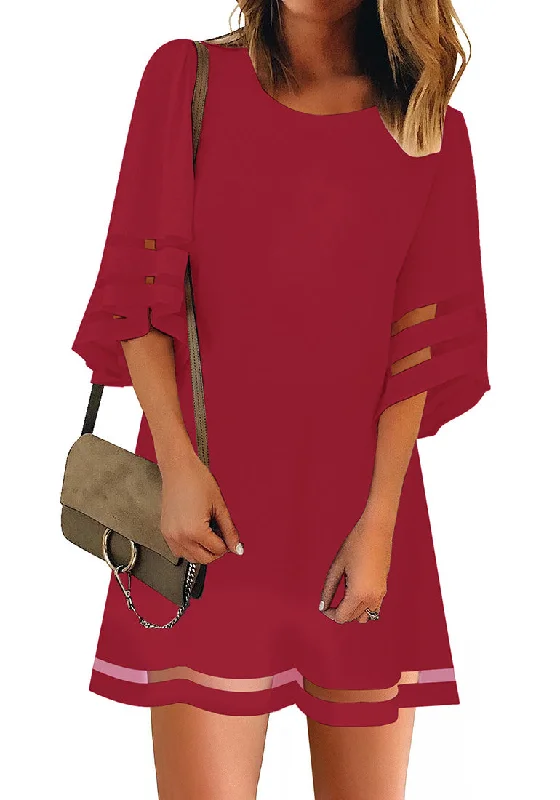 Casual Clothes For Women Savvy Red Women Casual Crewneck Mesh Panel 3/4 Bell Sleeve Loose Tunic Dress