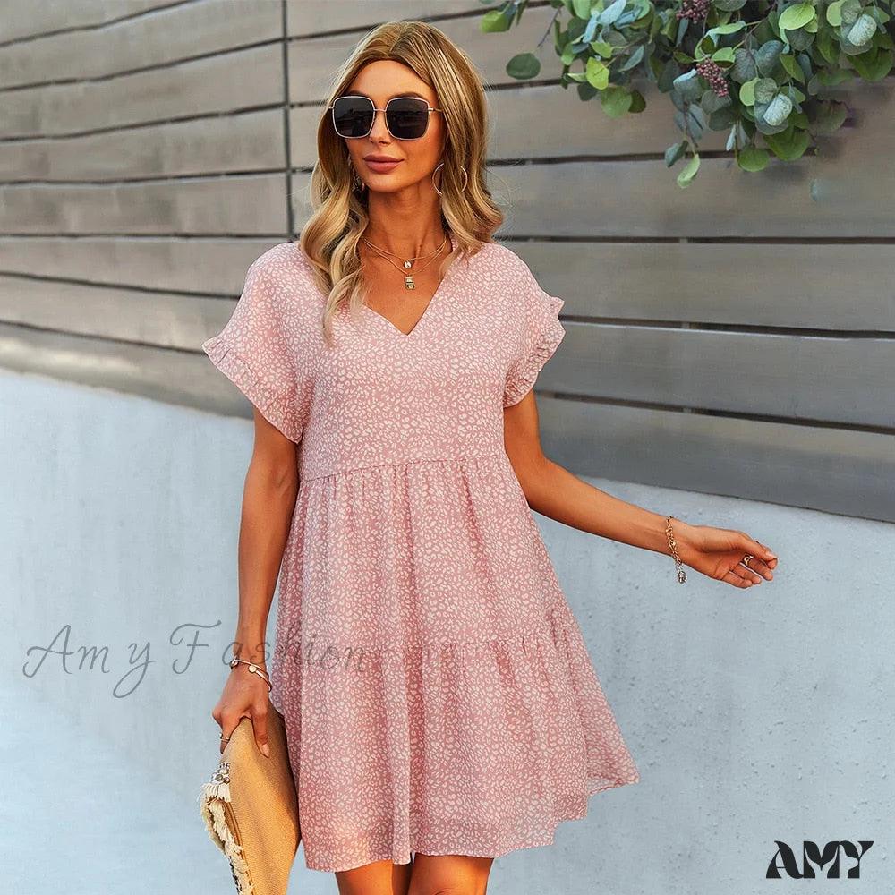 Women's Sporty Clothes Amy Fashion - Casual V Neck Ruffles Beach Mini Chiffon Dress