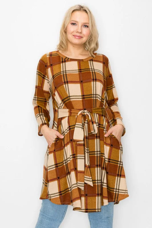 Modern Women's Apparel PSFU Plaid Dress w Tie Waist & Pockets