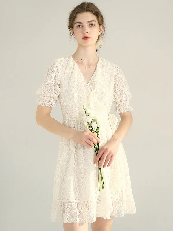 Women's Elegant Outfit 【Final Sale】Emberlynn V Neck Puff Sleeve Lace Dress