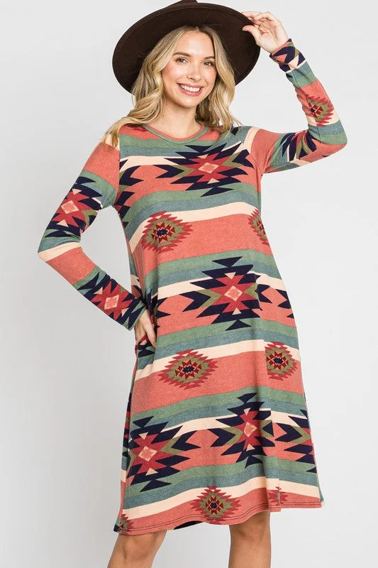 Women's Fashion Clothing Aztec Print Swing Dress w Pockets