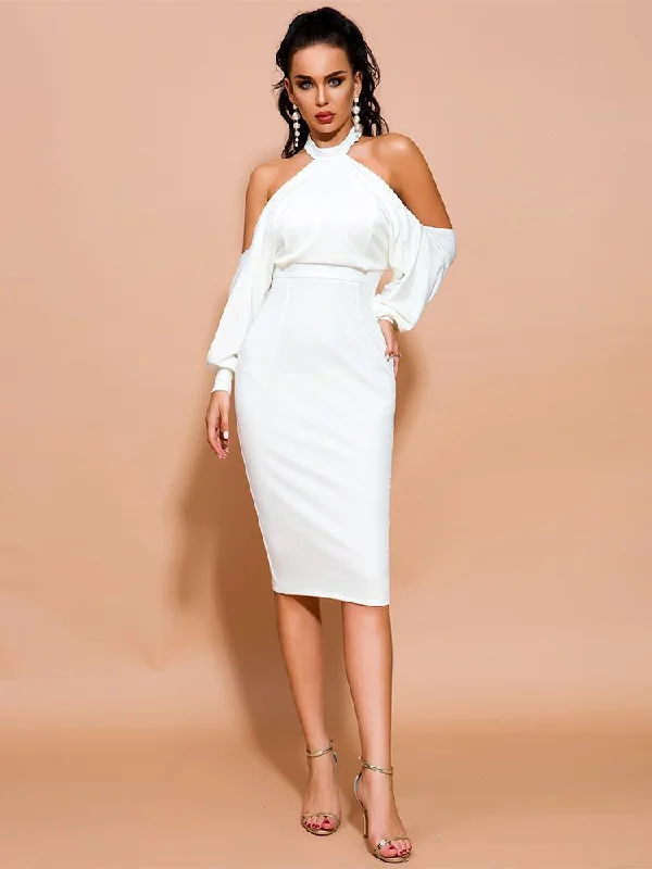 Women's Tailored Outfit Halter Backless Elegant Short White Dress