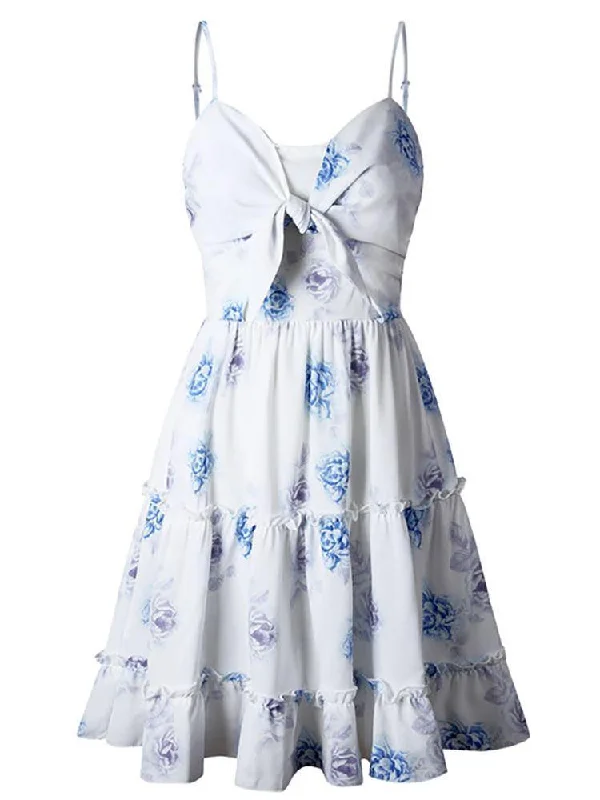 Women Clothing Rose Print Tie-Front Mini Sling Dress