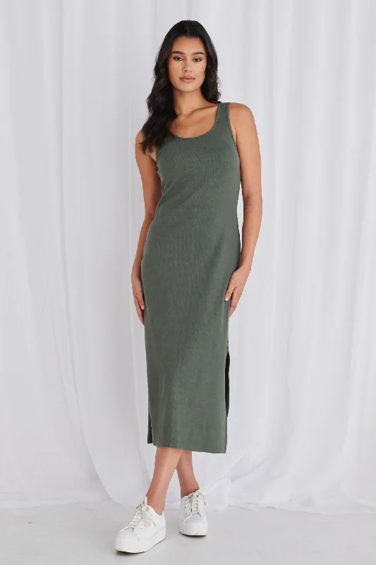 Outfits For Women Ember Khaki Square Neck Rib Knit Tank Dress