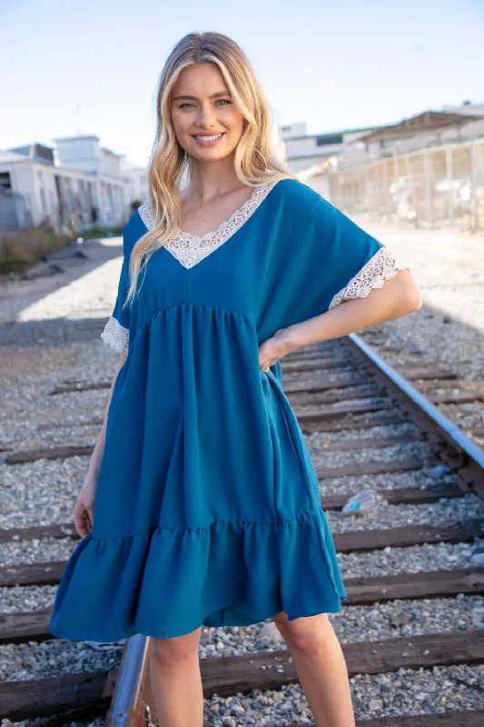 Flash Sale Online TEAL CROCHET NECK DRESS