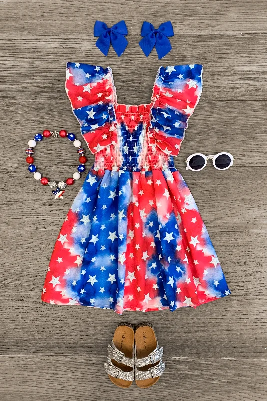 Women's Fashion Clothing Patriotic Stars Ruffle Sleeve Dress