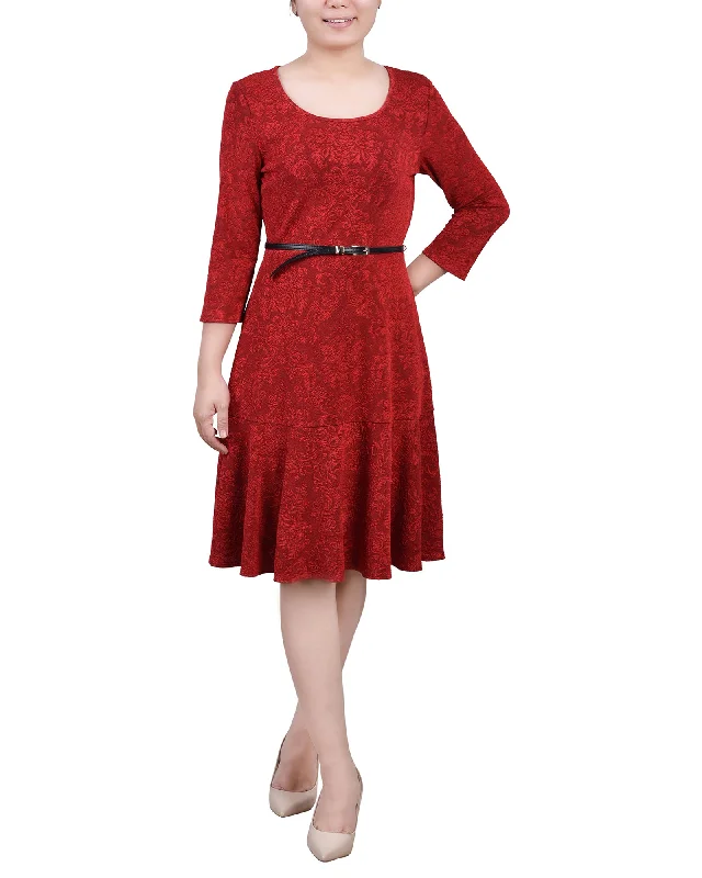 Women's Casual Dresses Petite 3/4 Sleeve Belted Jacquard Dress