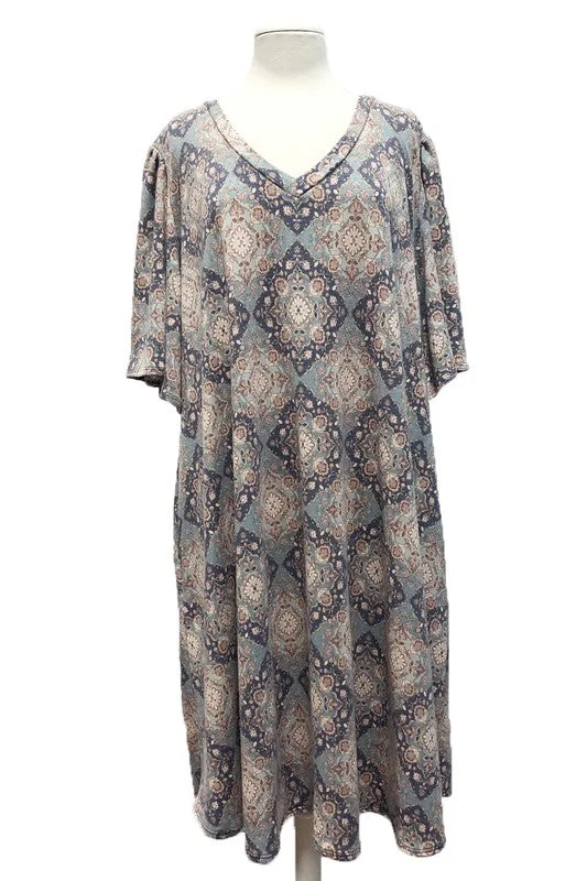 Women's Clothing Brands Diamond Medallion Print Dress Wide Sleeves