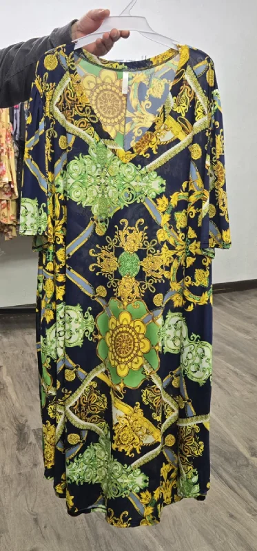 Women's Evening Clothes Green Gold Black Medallion Print Dress