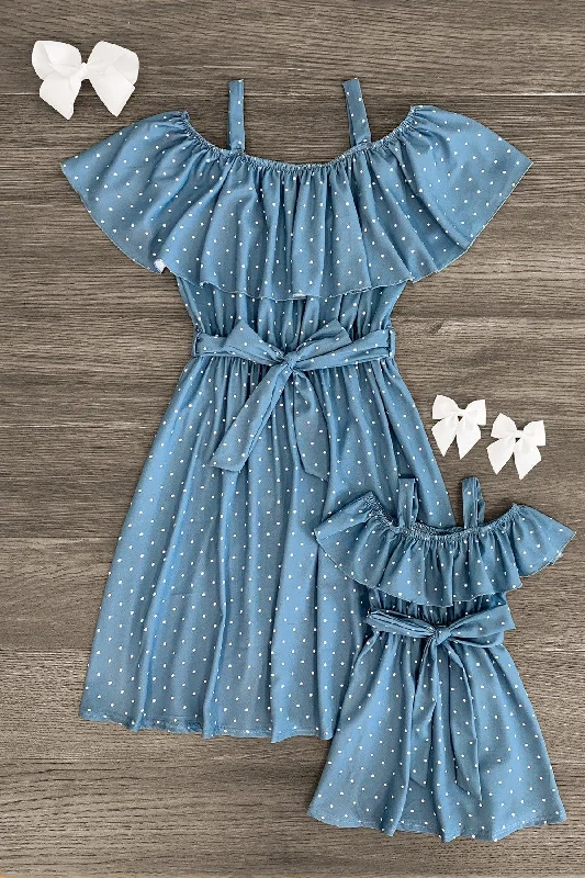 High End Fashion Mom & Me - Blue Polka Dot Ruffle Tie Dress