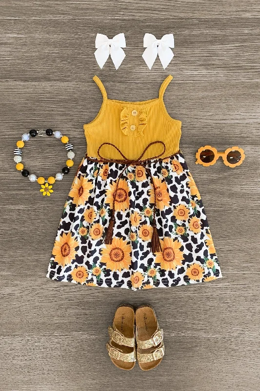 Fashionable Women's Clothing Cow Print Sunflower Mustard Tank Dress