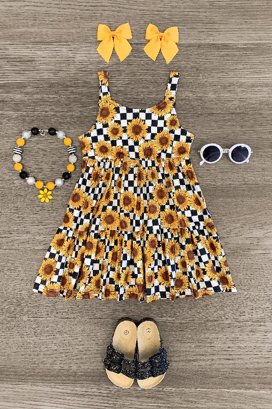 Elegant Fashion Checkered Sunflower Dress