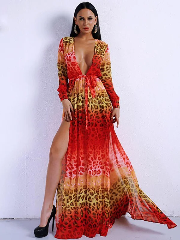 Online Clothing Boutiques Red Leopard Tie-Waist Long Dress