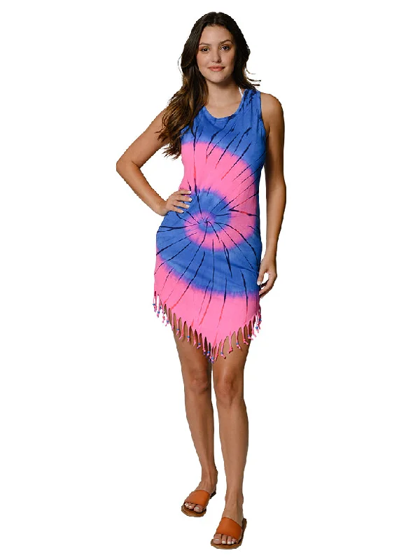 Women's Outerwear Clothing Tie Dye fringe bottom tank dress, in Bright, Pink&Blue, Yellow&Pink dye combinations. Perfect little cover just for you.