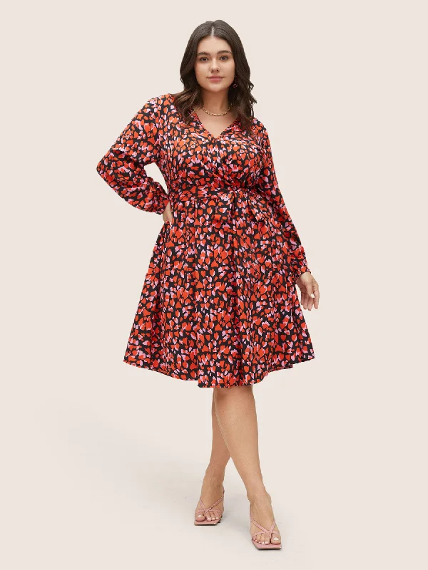 Elegant Clothing Heart Allover Print Belted Surplice Neck Dress