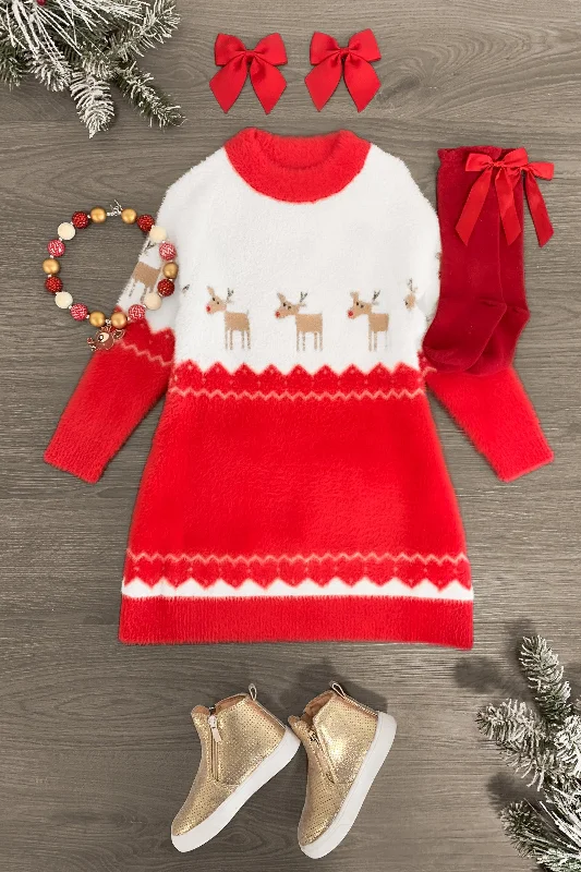 Chic Casual Style Cozy Red & White Reindeer Sweater Dress