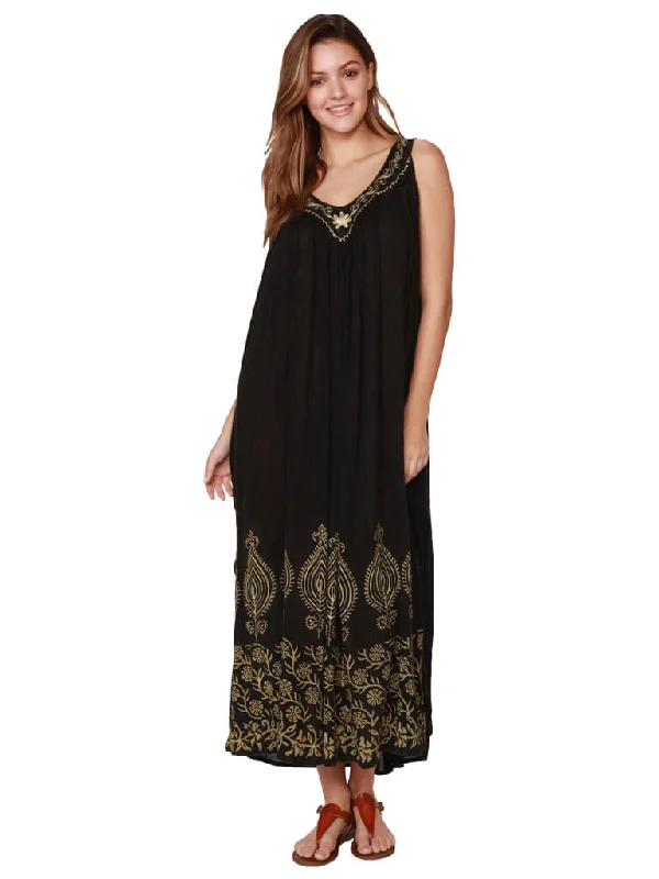 Plus Size Women's Fashion Long crinkle dress in black rayon with embroidery and print