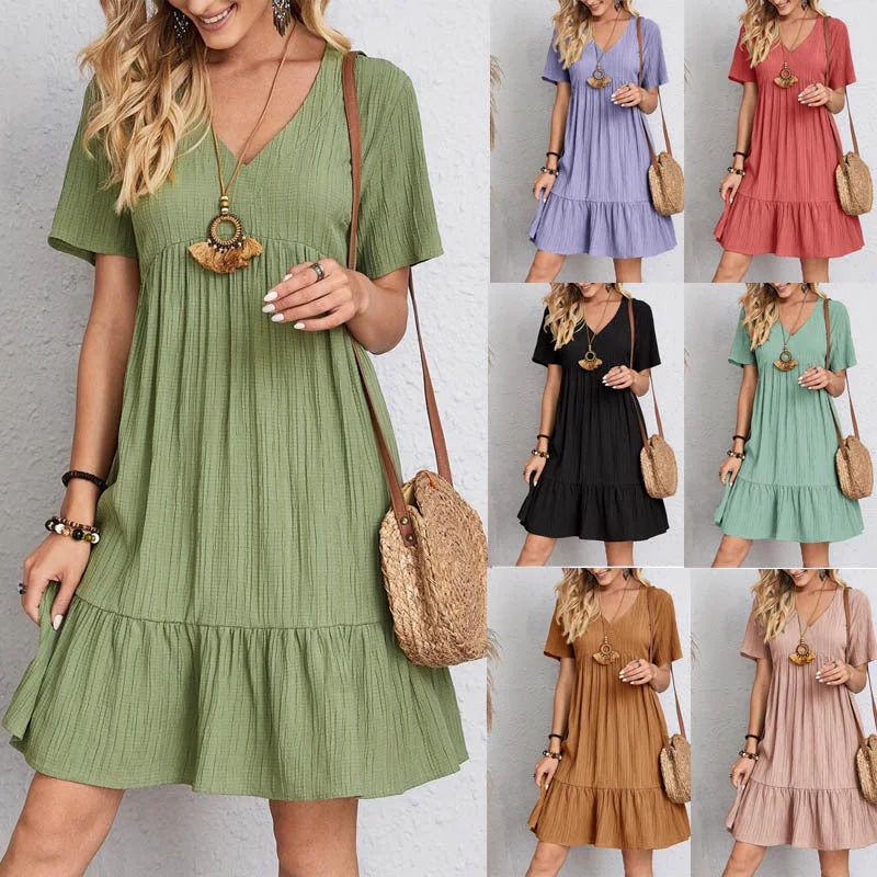 Affordable Women's Clothes Summer V-neck Dresses Women's Loose Casual Short-sleeved Corset Dress